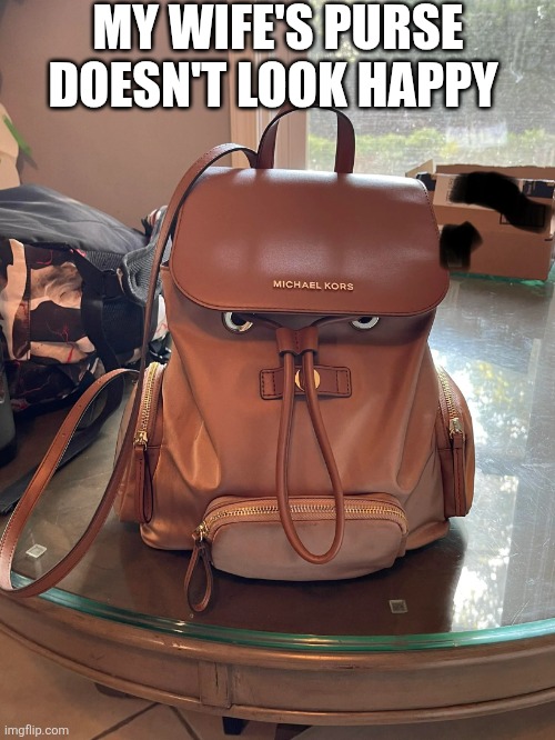 My Wife's Purse Doesn't Look Happy | MY WIFE'S PURSE DOESN'T LOOK HAPPY | image tagged in chrisjoines1 | made w/ Imgflip meme maker
