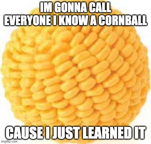 Cornball | IM GONNA CALL EVERYONE I KNOW A CORNBALL CAUSE I JUST LEARNED IT | image tagged in cornball | made w/ Imgflip meme maker