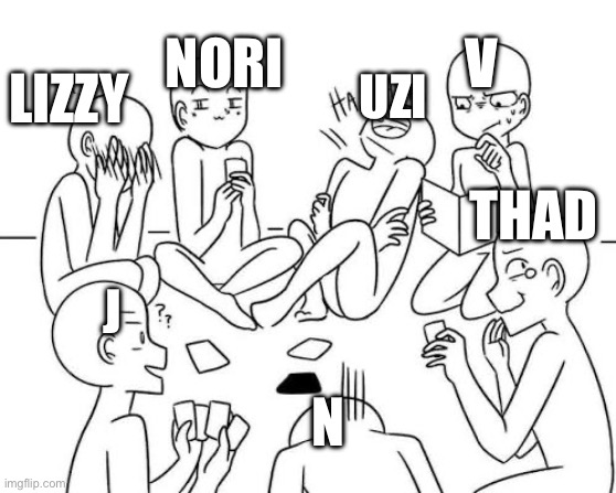 Meme | UZI; V; NORI; LIZZY; THAD; J; N | image tagged in meme | made w/ Imgflip meme maker