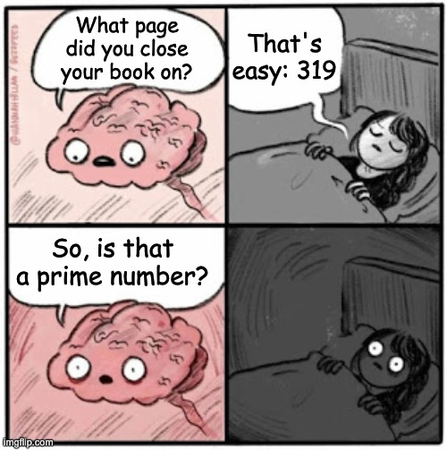 Questions | That's easy: 319; What page did you close your book on? So, is that a prime number? | image tagged in brain before sleep,math,insomnia | made w/ Imgflip meme maker