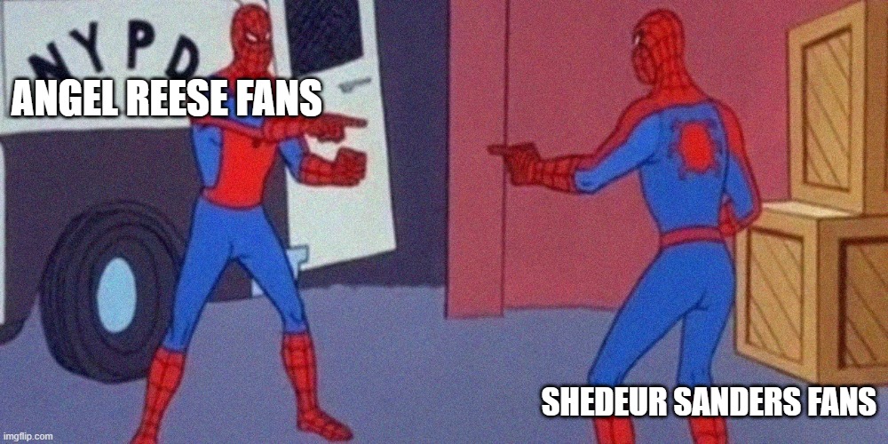 Spidey | ANGEL REESE FANS; SHEDEUR SANDERS FANS | image tagged in sports fans | made w/ Imgflip meme maker