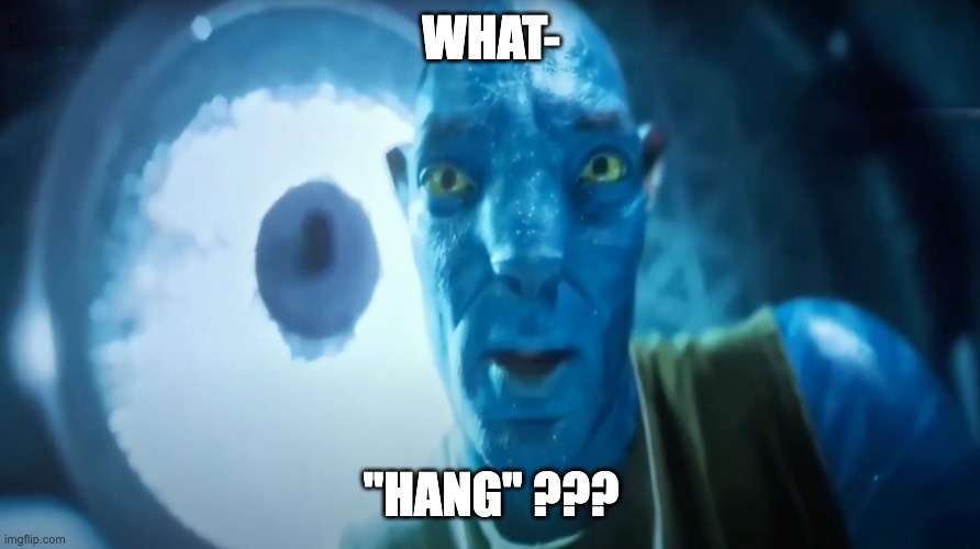 Staring Avatar Guy | WHAT- "HANG" ??? | image tagged in staring avatar guy | made w/ Imgflip meme maker