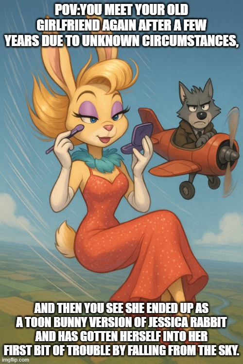 Toon bunny showgirl peril | POV:YOU MEET YOUR OLD GIRLFRIEND AGAIN AFTER A FEW YEARS DUE TO UNKNOWN CIRCUMSTANCES, AND THEN YOU SEE SHE ENDED UP AS A TOON BUNNY VERSION OF JESSICA RABBIT AND HAS GOTTEN HERSELF INTO HER FIRST BIT OF TROUBLE BY FALLING FROM THE SKY. | image tagged in toon bunny showgirl peril | made w/ Imgflip meme maker