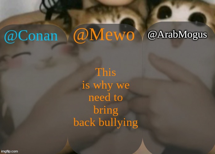 WHAT are we doing | This is why we need to bring back bullying | image tagged in conan mewo arabmogus shared template | made w/ Imgflip meme maker