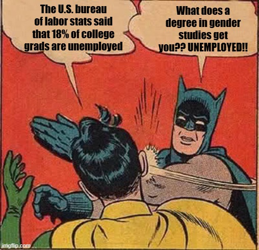 Meanwhile the trades are starving for people | The U.S. bureau of labor stats said that 18% of college grads are unemployed; What does a degree in gender studies get you?? UNEMPLOYED!! | image tagged in memes,unemployment,gender studies,retarded liberal protesters | made w/ Imgflip meme maker