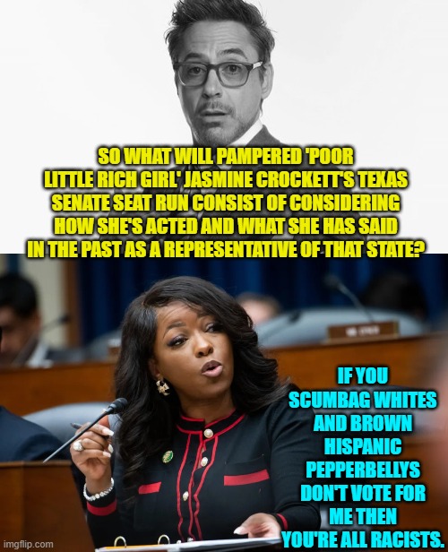 Except that she will say it with her faked ghetto accent and grammar. | SO WHAT WILL PAMPERED 'POOR LITTLE RICH GIRL' JASMINE CROCKETT'S TEXAS SENATE SEAT RUN CONSIST OF CONSIDERING HOW SHE'S ACTED AND WHAT SHE HAS SAID IN THE PAST AS A REPRESENTATIVE OF THAT STATE? IF YOU SCUMBAG WHITES AND BROWN HISPANIC PEPPERBELLYS DON'T VOTE FOR ME THEN YOU'RE ALL RACISTS. | image tagged in robert downey jr's comments | made w/ Imgflip meme maker