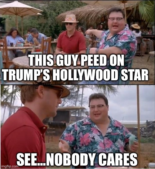 See Nobody Cares | THIS GUY PEED ON TRUMP’S HOLLYWOOD STAR; SEE…NOBODY CARES | image tagged in memes,see nobody cares,donald trump,pee,politics,political meme | made w/ Imgflip meme maker