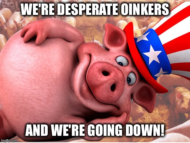 WE'RE DESPERATE OINKERS; AND WE'RE GOING DOWN! | image tagged in memes,usa,imperialism,decline,hegemony,war crimes | made w/ Imgflip meme maker