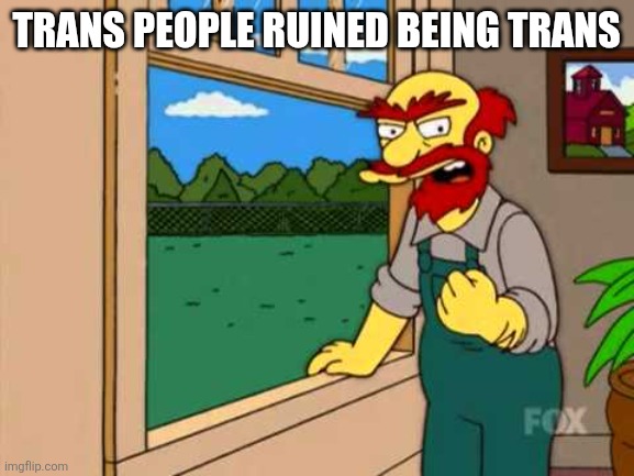 Groundskeeper Willie from the simpsons | TRANS PEOPLE RUINED BEING TRANS | image tagged in groundskeeper willie from the simpsons | made w/ Imgflip meme maker