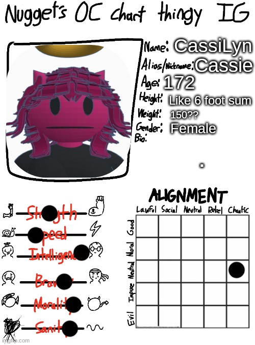 Nugget’s OC Chart Thingy IG | CassiLyn; Cassie; 172; Like 6 foot sum; 150?? Female; . | image tagged in nugget s oc chart thingy ig | made w/ Imgflip meme maker