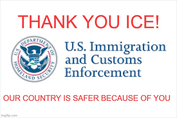 Thank you ICE | THANK YOU ICE! OUR COUNTRY IS SAFER BECAUSE OF YOU | made w/ Imgflip meme maker