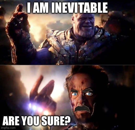Are you sure? | I AM INEVITABLE; ARE YOU SURE? | image tagged in i am iron man | made w/ Imgflip meme maker