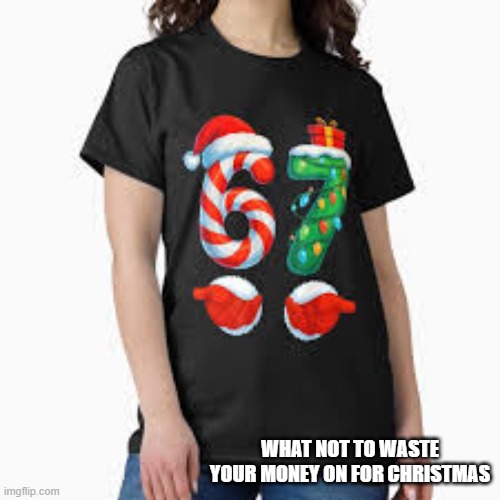 6 7 This is something that you should not waste your money on for Christmas. | WHAT NOT TO WASTE YOUR MONEY ON FOR CHRISTMAS | image tagged in funny,humor,67,christmas,shirt,present | made w/ Imgflip meme maker