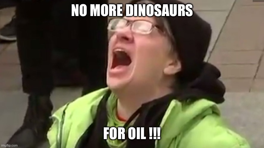 NO MORE DINOSAURS FOR OIL !!! | image tagged in screaming liberal | made w/ Imgflip meme maker