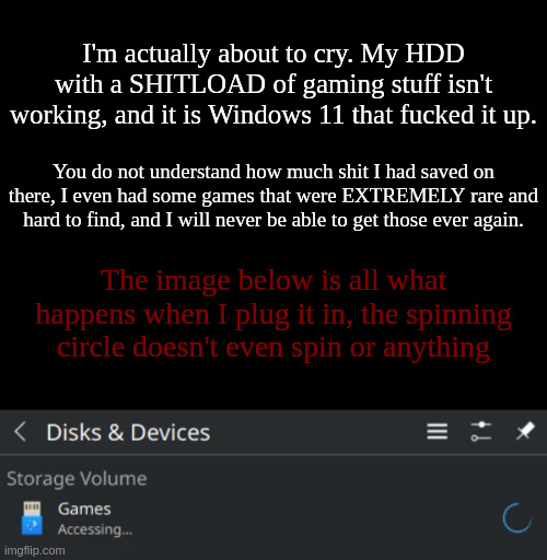I blame Windows 11. The windows explorer has crashed so many times with it plugged in. | I'm actually about to cry. My HDD with a SHITLOAD of gaming stuff isn't working, and it is Windows 11 that fucked it up. You do not understand how much shit I had saved on there, I even had some games that were EXTREMELY rare and hard to find, and I will never be able to get those ever again. The image below is all what happens when I plug it in, the spinning circle doesn't even spin or anything | made w/ Imgflip meme maker