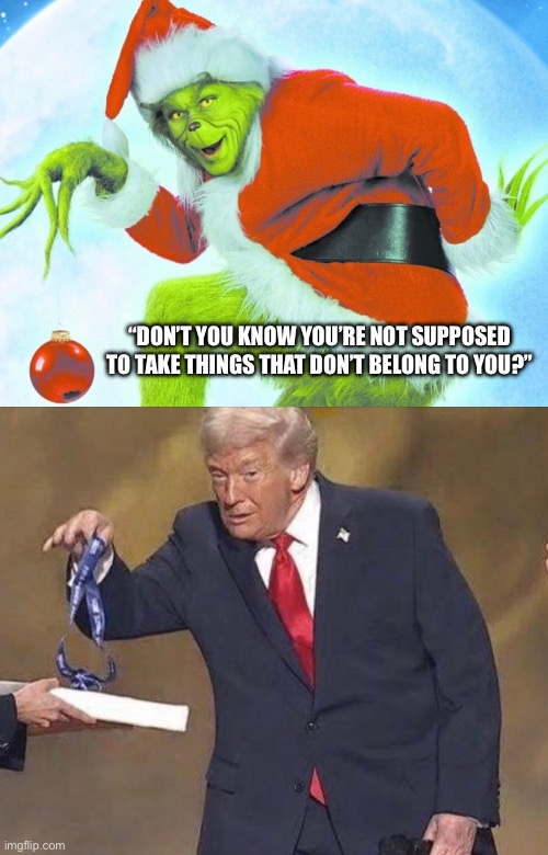 Stealing is not ok | “DON’T YOU KNOW YOU’RE NOT SUPPOSED TO TAKE THINGS THAT DON’T BELONG TO YOU?” | image tagged in trump is a grinch | made w/ Imgflip meme maker