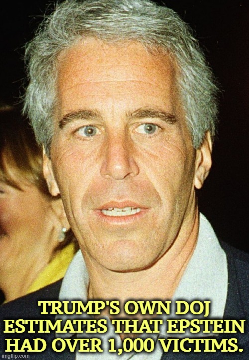 TRUMP'S OWN DOJ ESTIMATES THAT EPSTEIN HAD OVER 1,000 VICTIMS. | image tagged in jeffrey epstein,victims,trump,doj | made w/ Imgflip meme maker