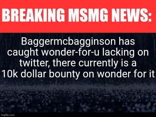 BREAKING MSMG NEWS | Baggermcbagginson has caught wonder-for-u lacking on twitter, there currently is a 10k dollar bounty on wonder for it | image tagged in breaking msmg news | made w/ Imgflip meme maker