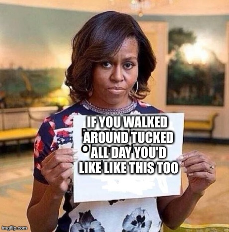 Michelle Obama | IF YOU WALKED AROUND TUCKED ALL DAY YOU'D LIKE LIKE THIS TOO | image tagged in michelle obama | made w/ Imgflip meme maker