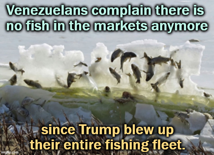 Venezuelans complain there is 
no fish in the markets anymore; since Trump blew up their entire fishing fleet. | image tagged in trump,venezuela,drugs,fishing,boats,explosion | made w/ Imgflip meme maker