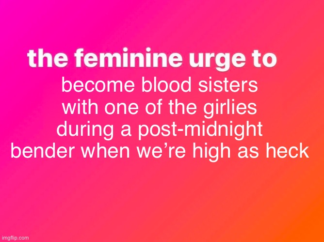 Becoming Blood Sisters is highkey kinda cozy | become blood sisters with one of the girlies during a post-midnight bender when we’re high as heck | image tagged in the feminine urge,instagram,meme,funny,women,bender | made w/ Imgflip meme maker