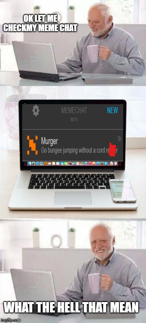 Hi | OK LET ME CHECKMY MEME CHAT; WHAT THE HELL THAT MEAN | image tagged in hide the pain harold | made w/ Imgflip meme maker