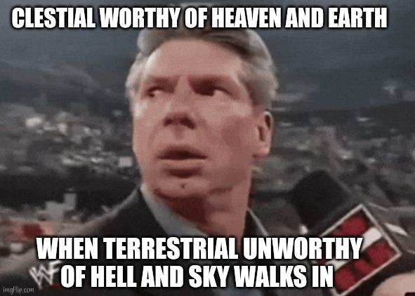 When ... walks in | CLESTIAL WORTHY OF HEAVEN AND EARTH; WHEN TERRESTRIAL UNWORTHY OF HELL AND SKY WALKS IN | image tagged in when walks in | made w/ Imgflip meme maker