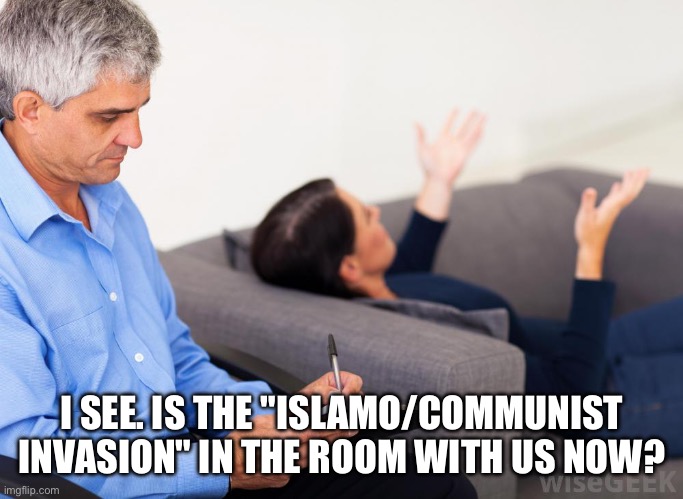 Therapist, notes | I SEE. IS THE "ISLAMO/COMMUNIST INVASION" IN THE ROOM WITH US NOW? | image tagged in therapist notes | made w/ Imgflip meme maker