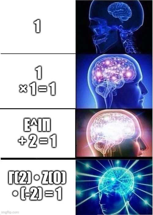 Fanciest ways to say One | 1; 1 × 1 = 1; E^IΠ + 2 = 1; Γ(2) • Ζ(0) • (-2) = 1 | image tagged in memes,expanding brain | made w/ Imgflip meme maker