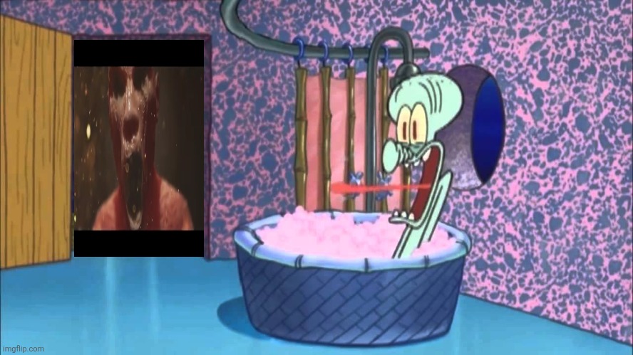 The creature from the logo of a small French company Horror Factory dropped by Squidward's house | image tagged in who dropped by squidward's house,horror factory,creatures,screaming | made w/ Imgflip meme maker