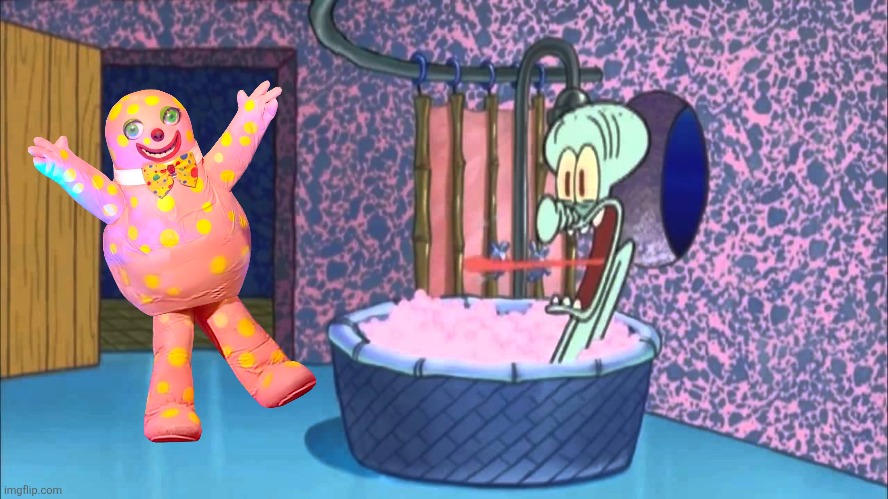 Mr Blobby dropped by Squidward's house | image tagged in who dropped by squidward's house,mr blobby,1990s,united kingdom,uk | made w/ Imgflip meme maker