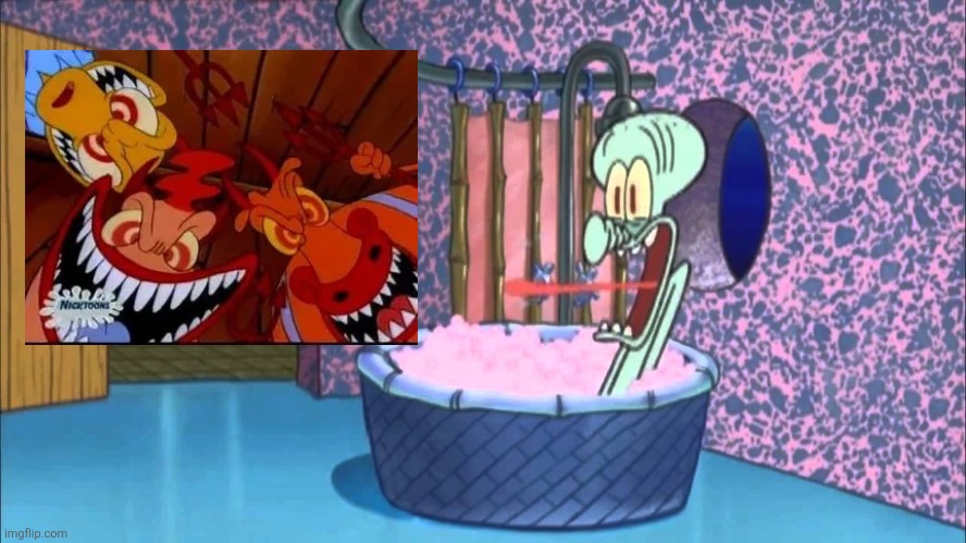 Rocko, Heffer and Bev as devils/demons scare poor Squidward | image tagged in who dropped by squidward's house,rocko's modern life,nightmare fuel | made w/ Imgflip meme maker