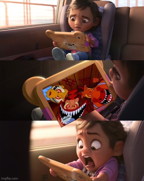 Poor kid gets scared by Rocko, Heffer and Bev as evil devils | image tagged in wreck it ralph 2,rocko modern life,nightmare fuel | made w/ Imgflip meme maker