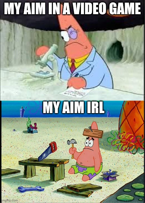 Video games | MY AIM IN A VIDEO GAME; MY AIM IRL | image tagged in patrick smart dumb,video games,videogames,reality | made w/ Imgflip meme maker