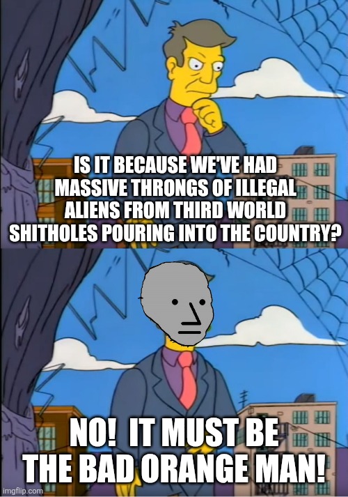 Skinner Out Of Touch | IS IT BECAUSE WE'VE HAD MASSIVE THRONGS OF ILLEGAL ALIENS FROM THIRD WORLD SHITHOLES POURING INTO THE COUNTRY? NO!  IT MUST BE THE BAD ORANG | image tagged in skinner out of touch | made w/ Imgflip meme maker