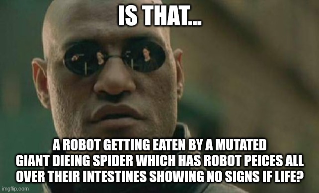 tf is that | IS THAT... A ROBOT GETTING EATEN BY A MUTATED GIANT DIEING SPIDER WHICH HAS ROBOT PEICES ALL OVER THEIR INTESTINES SHOWING NO SIGNS IF LIFE? | image tagged in memes,matrix morpheus | made w/ Imgflip meme maker