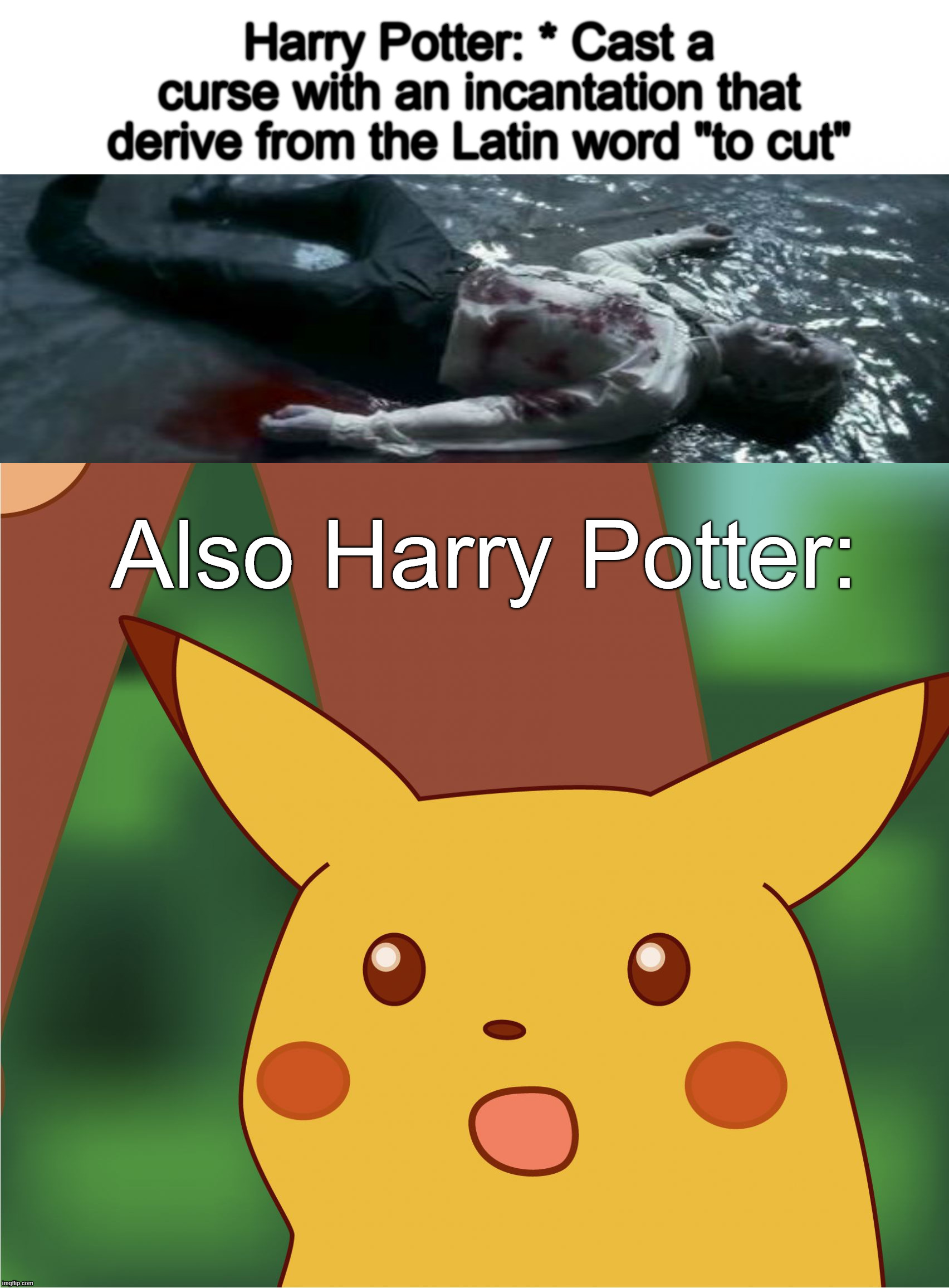 Sectumsempra | Harry Potter: * Cast a curse with an incantation that derive from the Latin word "to cut"; Also Harry Potter: | image tagged in suprised pikatchu,harry potter | made w/ Imgflip meme maker