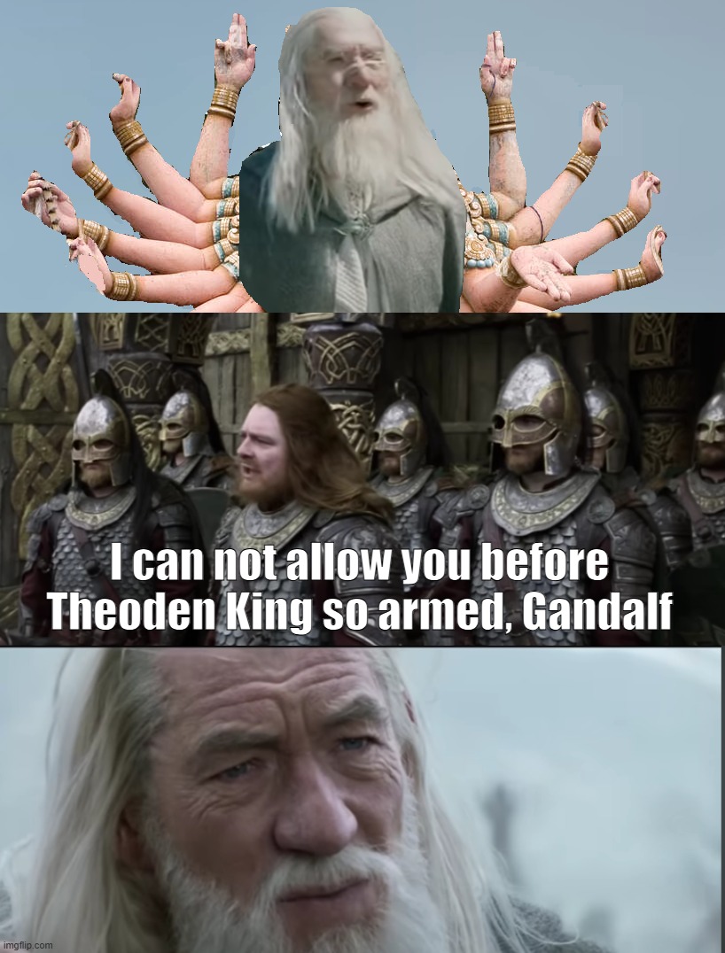 Poor Gandalf | I can not allow you before Theoden King so armed, Gandalf | image tagged in lord of the rings,gandalf | made w/ Imgflip meme maker