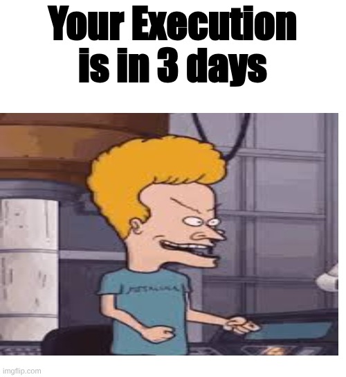 "Your execution is in 3 days." | Your Execution is in 3 days | image tagged in beavis and butthead,funny memes,raiders,beavis cornholio | made w/ Imgflip meme maker