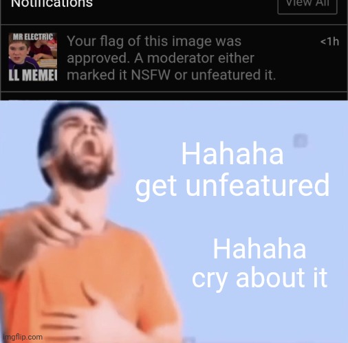 W sitemod | Hahaha get unfeatured; Hahaha cry about it | image tagged in laughing and pointing | made w/ Imgflip meme maker