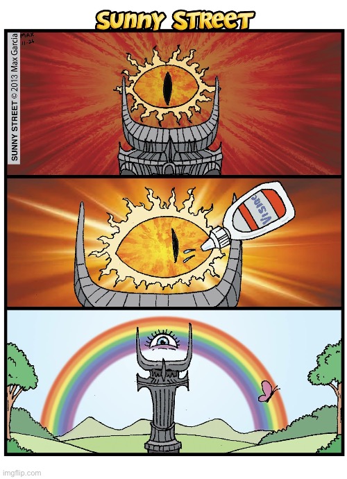 Even Sauron gets dry eye… | image tagged in comics,sunny street,eye of sauron,dry eye,visine | made w/ Imgflip meme maker