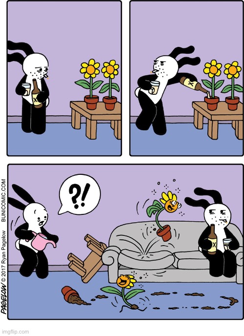 Buni Comics | image tagged in comics,buni comics,flowers,watering,booze,drunk | made w/ Imgflip meme maker