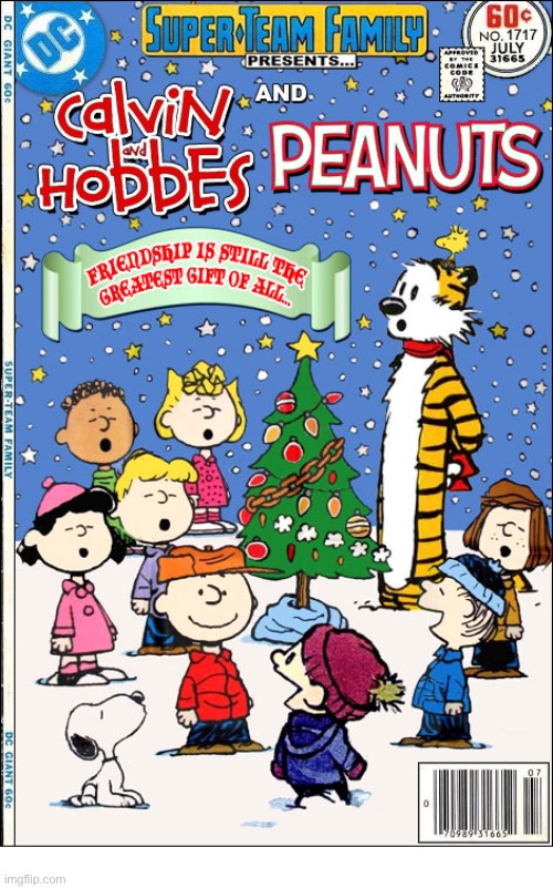 A Christmas mashup of classic comic strips… | image tagged in comics,mashup,peanuts,calvin and hobbes,friendship,christmas | made w/ Imgflip meme maker