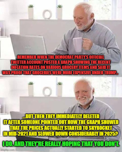 Hide the Pain Harold Meme | REMEMBER WHEN THE DEMOCRAT PARTY'S OFFICIAL TWITTER ACCOUNT POSTED A GRAPH SHOWING THE RECENT INFLATION RATES ON VARIOUS GROCERY ITEMS AND S | image tagged in memes,hide the pain harold | made w/ Imgflip meme maker