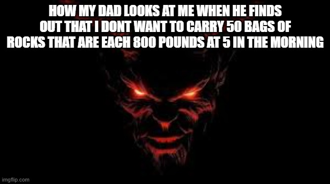 HOW MY DAD LOOKS AT ME WHEN HE FINDS OUT THAT I DONT WANT TO CARRY 50 BAGS OF ROCKS THAT ARE EACH 800 POUNDS AT 5 IN THE MORNING | image tagged in funny | made w/ Imgflip meme maker