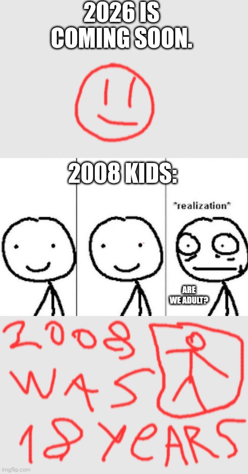 Realization | 2026 IS COMING SOON. 2008 KIDS:; ARE WE ADULT? | image tagged in realization,adult,2008,2026,oh no | made w/ Imgflip meme maker
