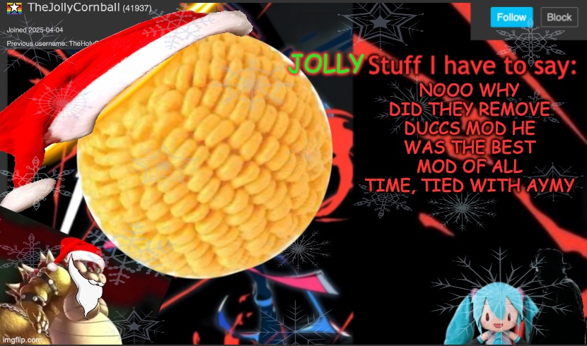TheJollyCornball Template | NOOO WHY DID THEY REMOVE DUCCS MOD HE WAS THE BEST MOD OF ALL TIME, TIED WITH AYMY | image tagged in thejollycornball template | made w/ Imgflip meme maker