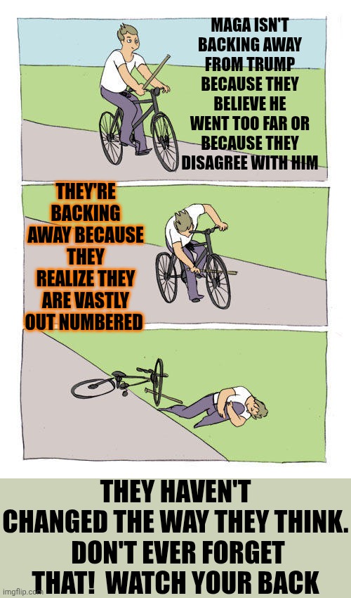 Hold On 2 Ur Hearts.  He Knows He's Only Got A Year 2 Inflict As Much Pain As He Can Before He Runs & Hides From Accountability | MAGA ISN'T BACKING AWAY FROM TRUMP BECAUSE THEY BELIEVE HE WENT TOO FAR OR BECAUSE THEY DISAGREE WITH HIM; THEY'RE BACKING AWAY BECAUSE THEY REALIZE THEY ARE VASTLY OUT NUMBERED; THEY HAVEN'T CHANGED THE WAY THEY THINK.  DON'T EVER FORGET THAT!  WATCH YOUR BACK | image tagged in memes,bike fall,lock him up,hold trump accountable,trump is a terrorist,trump lies | made w/ Imgflip meme maker