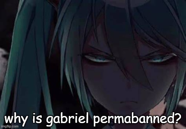 mad miku :3 | why is gabriel permabanned? | image tagged in mad miku 3 | made w/ Imgflip meme maker