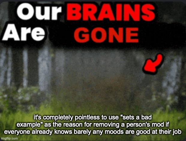 Our brains are GONE | it's completely pointless to use "sets a bad example" as the reason for removing a person's mod if everyone already knows barely any moods are good at their job | image tagged in our brains are gone | made w/ Imgflip meme maker
